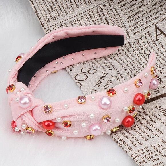 Light Pink Pearl Rhinestone Knotted Headband for Women Valentine’s Day Gift - Picture 4 of 8